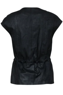 Vince - Black Perforated Leather Moto Vest w/ Drawstring Waist Sz XXS