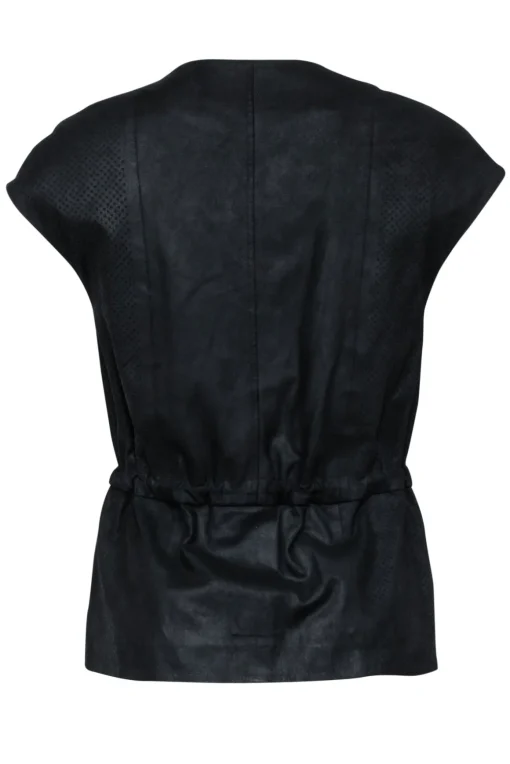Vince - Black Perforated Leather Moto Vest w/ Drawstring Waist Sz XXS