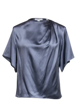 Vince - Grey Silk Short Sleeve Ruched Neckline Blouse Sz S