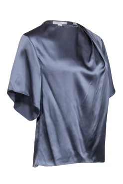 Vince - Grey Silk Short Sleeve Ruched Neckline Blouse Sz S