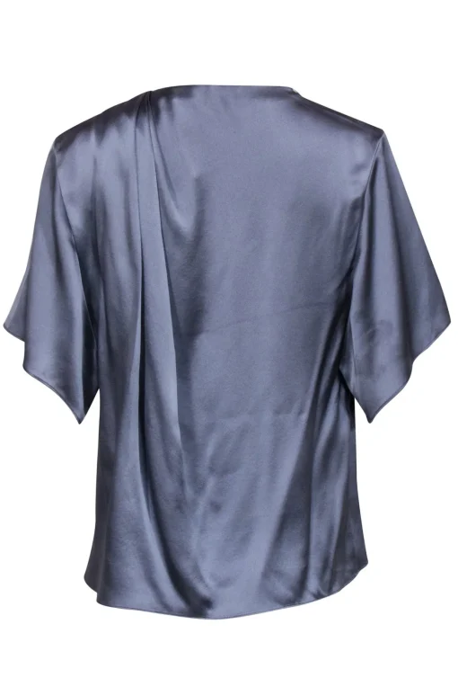 Vince - Grey Silk Short Sleeve Ruched Neckline Blouse Sz S