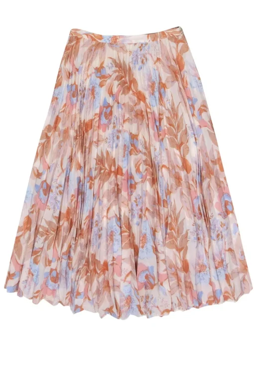 Vince - Light Pink & Blue Floral Print Pleated Midi Skirt Sz 4