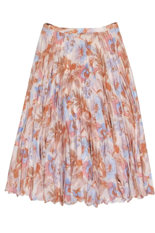 Vince - Light Pink & Blue Floral Print Pleated Midi Skirt Sz 4