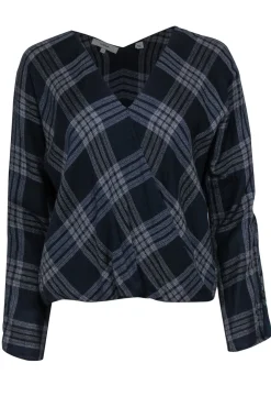 Vince - Navy & White Plaid V-Neck Long Sleeve Blouse Sz S