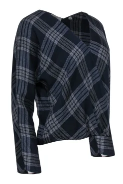 Vince - Navy & White Plaid V-Neck Long Sleeve Blouse Sz S
