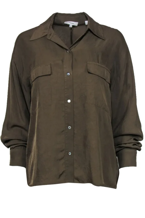 Vince - Olive Long Sleeve Button-Up Blouse Sz M