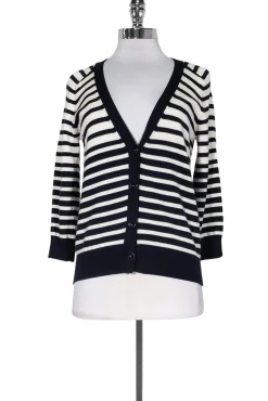 Vince - White & Navy Striped Cardigan Sz S