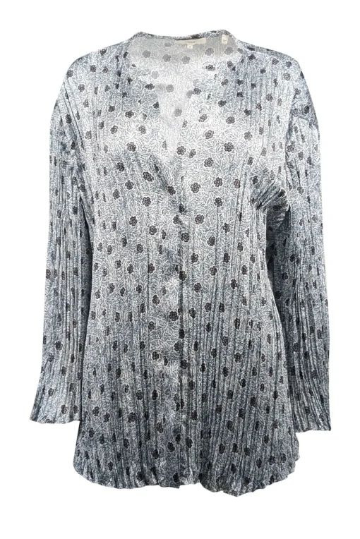 Vince - White, Blue, & Navy Floral Print Pleated Satin Blouse Sz XXL