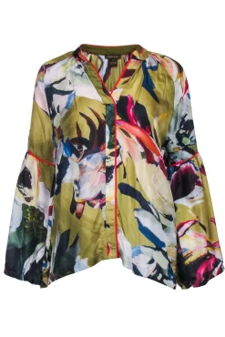 Vineet Bahl - Olive & Multicolor Brushstroke Print Long Sleeve Blouse Sz S