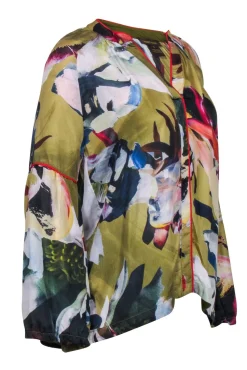 Vineet Bahl - Olive & Multicolor Brushstroke Print Long Sleeve Blouse Sz S