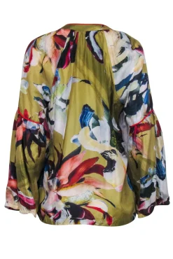 Vineet Bahl - Olive & Multicolor Brushstroke Print Long Sleeve Blouse Sz S