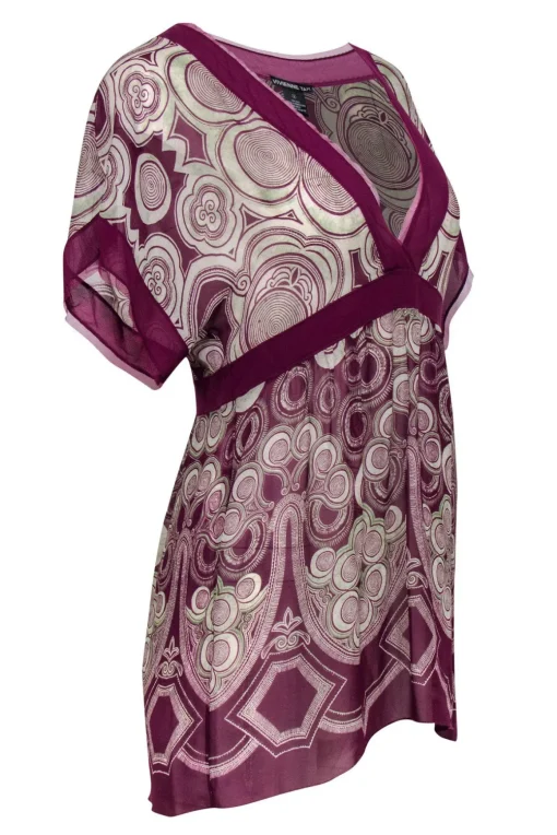 Vivienne Tam - Burgundy & Light Green Silk Empire Waist Top Sz 2
