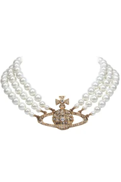 Vivienne Westwood - Three Strand Faux Pearl Choker Necklace w/ Jeweled Gold Logo