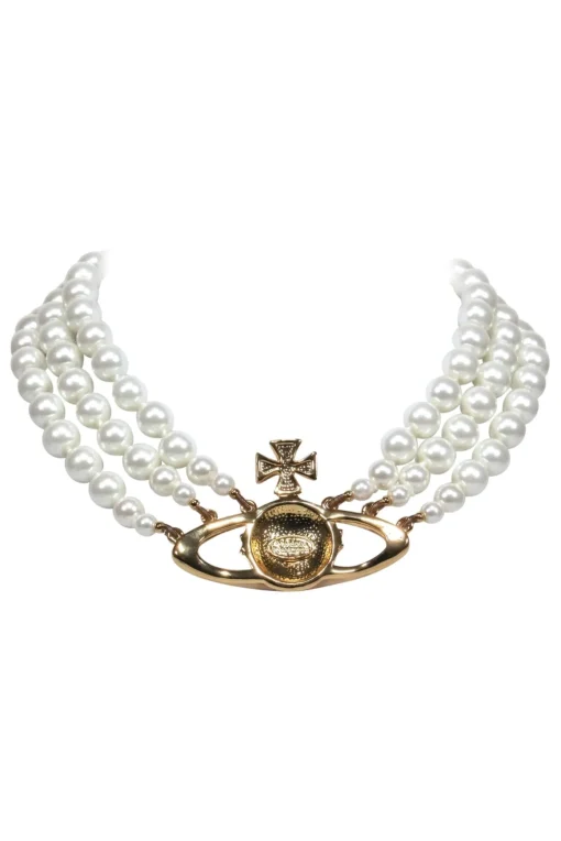 Vivienne Westwood - Three Strand Faux Pearl Choker Necklace w/ Jeweled Gold Logo