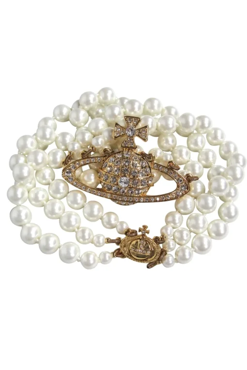 Vivienne Westwood - Three Strand Faux Pearl Choker Necklace w/ Jeweled Gold Logo