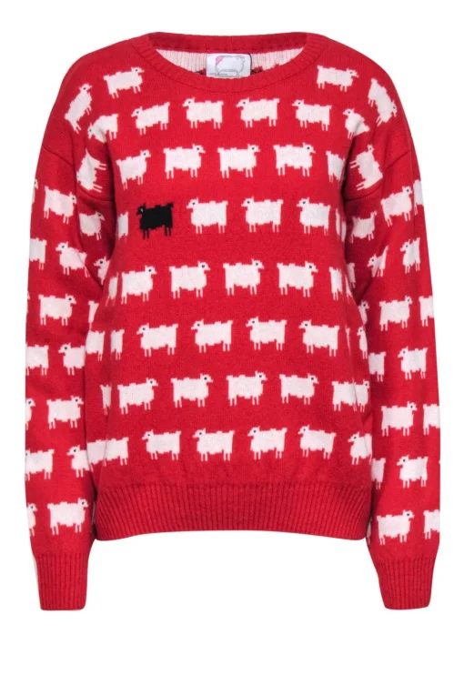 Warm & Wonderful - Red Sheep Print Wool Princess Diana Sweater Sz L