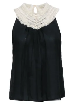 Wendy Hil - Black Sleeveless Silk Blouse w/ Lace Collar Sz S