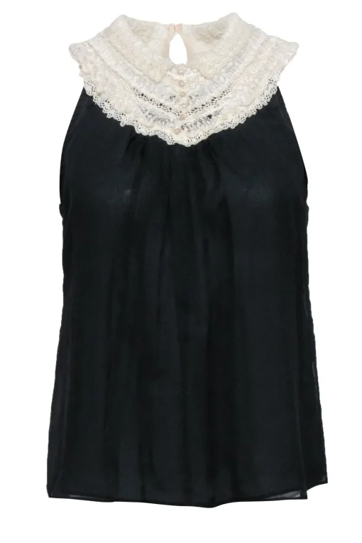 Wendy Hil - Black Sleeveless Silk Blouse w/ Lace Collar Sz S