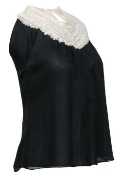 Wendy Hil - Black Sleeveless Silk Blouse w/ Lace Collar Sz S