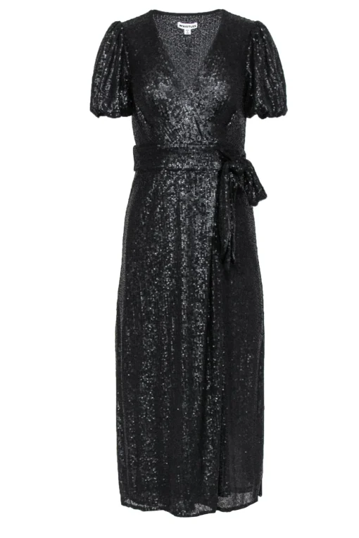 Whistles - Black Sequin Puff Sleeve Wrap Maxi Dress Sz 2