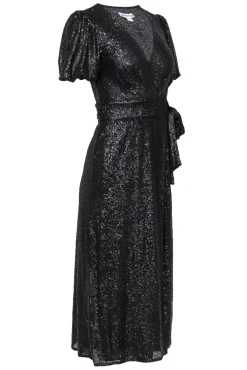 Whistles - Black Sequin Puff Sleeve Wrap Maxi Dress Sz 2