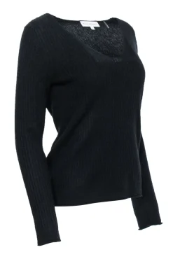 White & Warren - Black Cashmere Ribbed Sweater Sz S