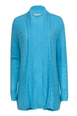 White & Warren - Turquoise Cable Knit Open Front Cashmere Cardigan Sz L