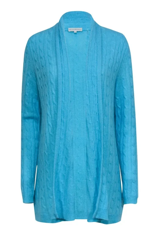 White & Warren - Turquoise Cable Knit Open Front Cashmere Cardigan Sz L