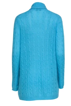 White & Warren - Turquoise Cable Knit Open Front Cashmere Cardigan Sz L