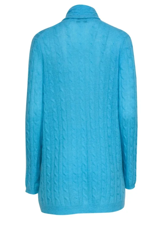 White & Warren - Turquoise Cable Knit Open Front Cashmere Cardigan Sz L
