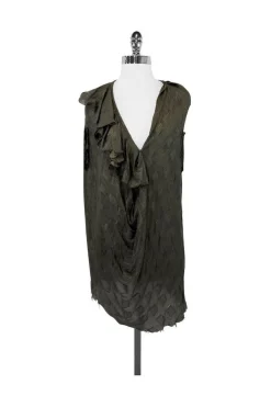 Yigal Azrouel - Army Green & Gold Silk Blend Ruffle Blouse Sz 4