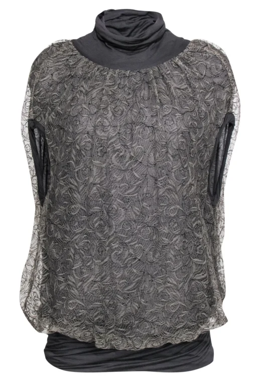 Yigal Azrouel - Olive Green & Gray Draped Lace Blouse Sz 6