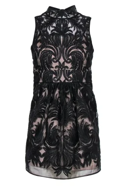Yoana Baraschi - Black Swirled Mesh Mock Neck Cocktail Dress Sz 00
