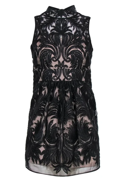 Yoana Baraschi - Black Swirled Mesh Mock Neck Cocktail Dress Sz 00
