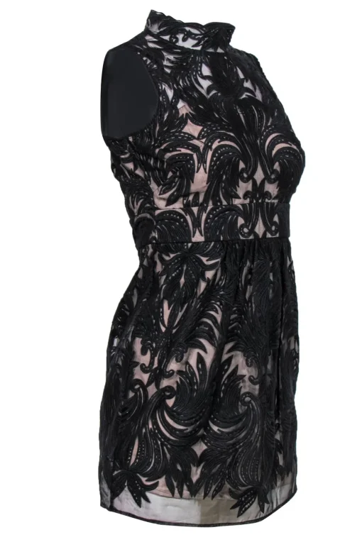 Yoana Baraschi - Black Swirled Mesh Mock Neck Cocktail Dress Sz 00