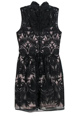 Yoana Baraschi - Black Swirled Mesh Mock Neck Cocktail Dress Sz 00