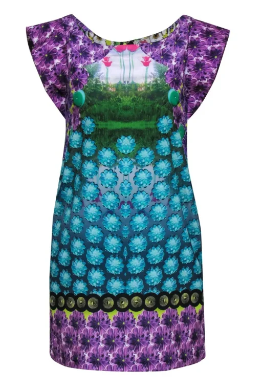 Yoana Baraschi - Blue & Purple Flower Print Dress w/ Garden Scene Sz 4