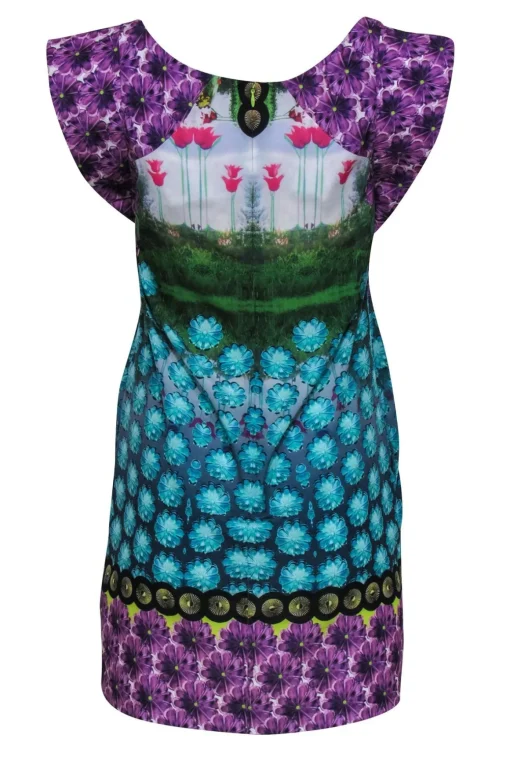 Yoana Baraschi - Blue & Purple Flower Print Dress w/ Garden Scene Sz 4