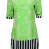 Yoana Baraschi - Neon Green & Grey Bohemian Print Shift Dress w/ Striped Trim Sz 8