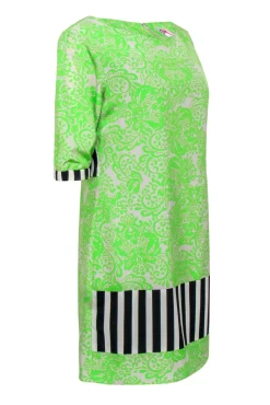 Yoana Baraschi - Neon Green & Grey Bohemian Print Shift Dress w/ Striped Trim Sz 8