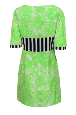 Yoana Baraschi - Neon Green & Grey Bohemian Print Shift Dress w/ Striped Trim Sz 8