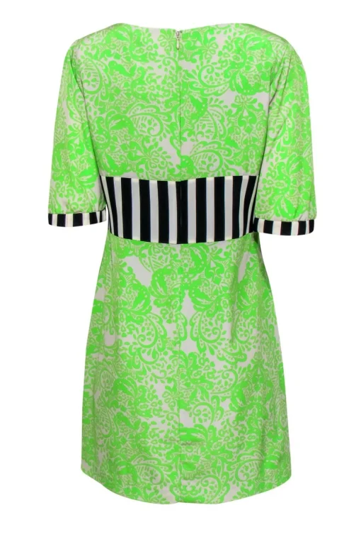 Yoana Baraschi - Neon Green & Grey Bohemian Print Shift Dress w/ Striped Trim Sz 8