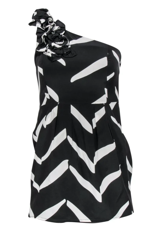 Yumi Kim - Black & White Printed One-Shoulder Silk Mini Dress Sz S