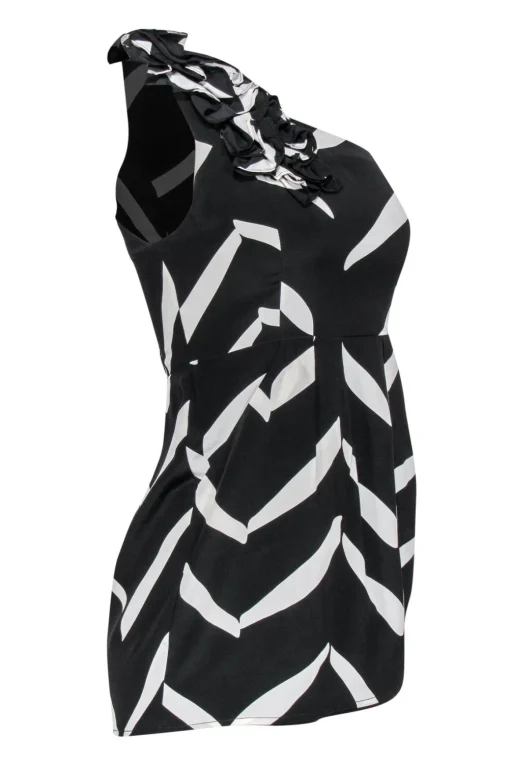 Yumi Kim - Black & White Printed One-Shoulder Silk Mini Dress Sz S