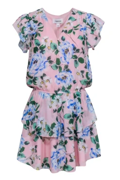 Yumi Kim - Blush Pink & Blue Floral Print Tiered Bottom Skirt Sz M