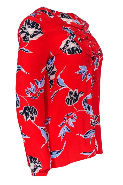 Yumi Kim - Red Floral Print Lace-Up Silk Blouse Sz XS
