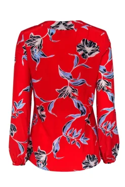 Yumi Kim - Red Floral Print Lace-Up Silk Blouse Sz XS