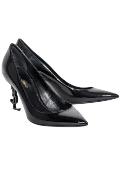 Yves Saint Laurent - Black Patent Leather Pointed Tow Logo Heel Pumps Sz 9.5