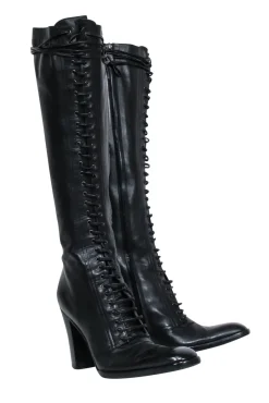 Yves Saint Laurent - Black Leather Lace-Up Tall Boots Sz 9.5