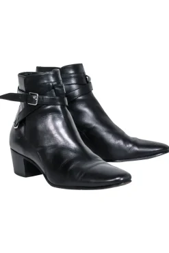 Yves Saint Laurent - Black Leather Ankle Strap Boots Sz 8.5